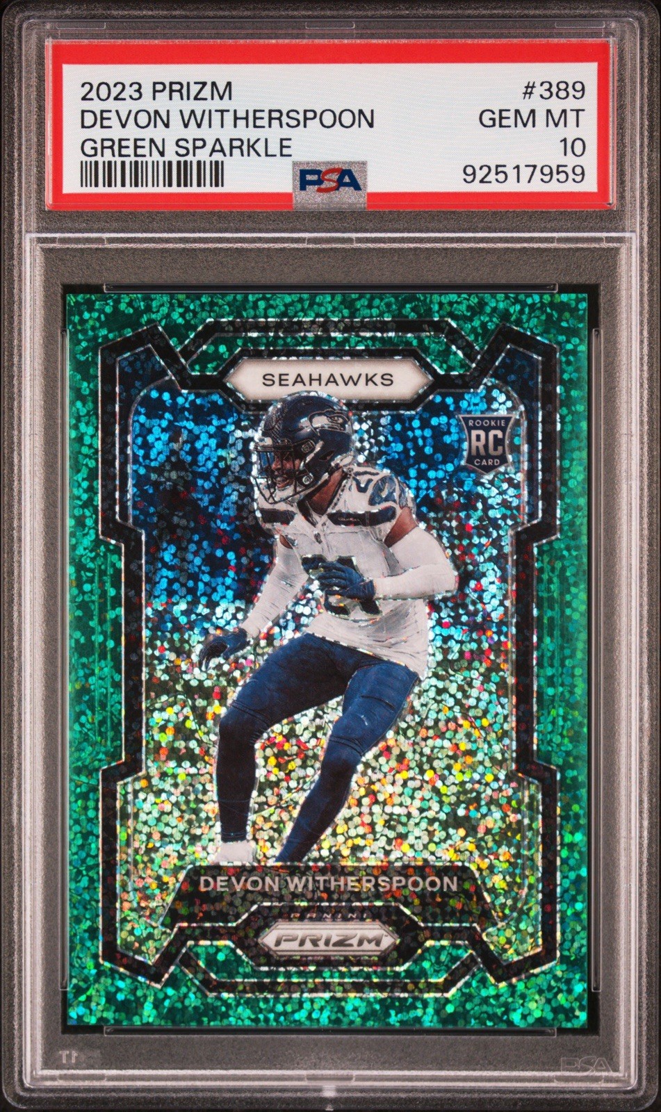 2023 Panini Prizm - Devon Witherspoon #389 Green Sparkle Prizm /8 (RC) - PSA 10