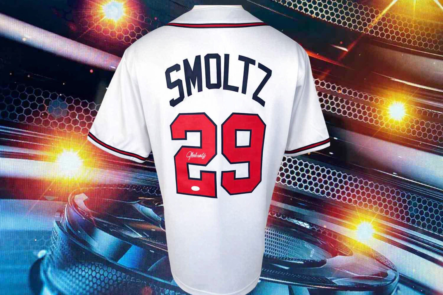 JOHN SMOLTZ AUTOGRAPHED CUSTOM ATLANTA BRAVES WHITE JERSEY JSA AUTHENTICATED