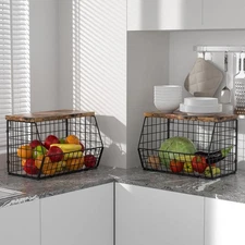 2 Pack Wall Mount Fruit Baskets Kitchen Counter Stacker Wire Storage with Lid
