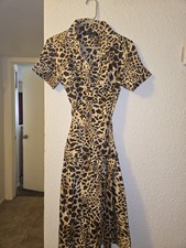 Brown and black leopard print midi dress with button-up front and tie waist