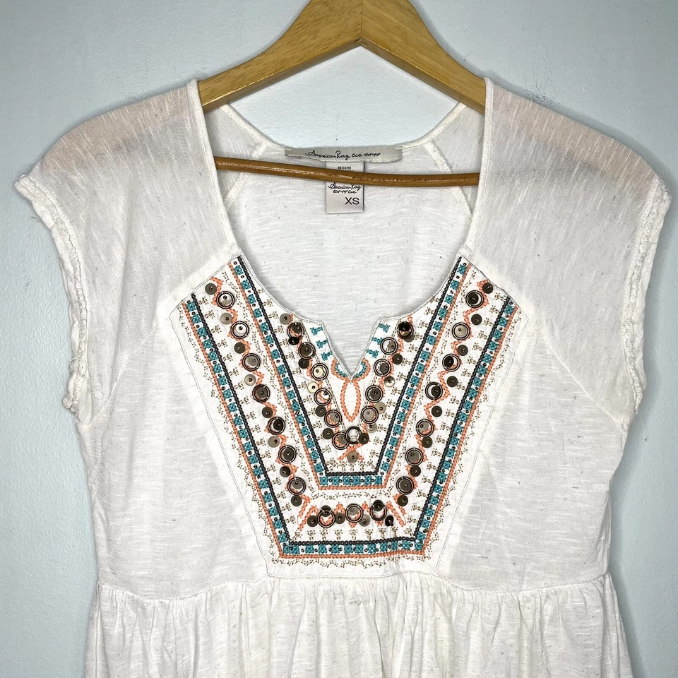 Blusa para mujer American Rag mezcla de lino boho cosida en cruz peplum Burnout XS Foto 3 de 4