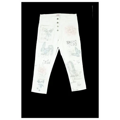 Pink Cherry Damen 3/4 Hose Capri stretch S W28 weiß Rose Paillette Graffiti dünn - Bild 1 von 4