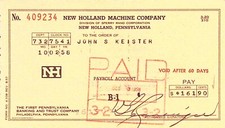 New Holland Machine Company Check 1958 First Pennsylvania Banking and Trust Co.