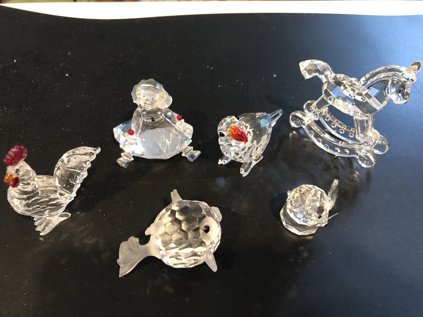 6 Swarovski Miniatures: Mouse, Blowfish, Rooster,Parrot,Rocking Horse,Girl