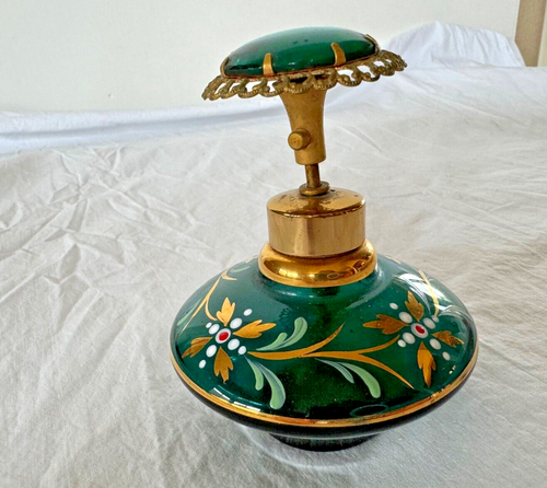 Vintage Perfume Bottle Emerald Green Glass Enamel Gold Flowers West Germany 4.5" - Picture 4 of 8