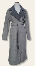 Andrew Marc Wool Blend Oversize Side Slits Plaid Trench Coat Gray Size S