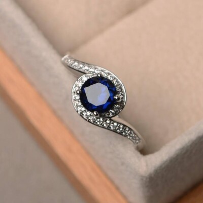 1.30 Ct Round Cut Real Sapphire & Diamond Engagement Ring 14K Solid  White Gold