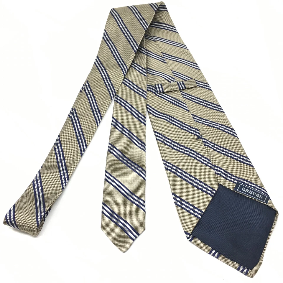 Breuer Wide Tie Brown Navy Gray Striped 100% Silk Made France Necktie - Image 2 of 4
