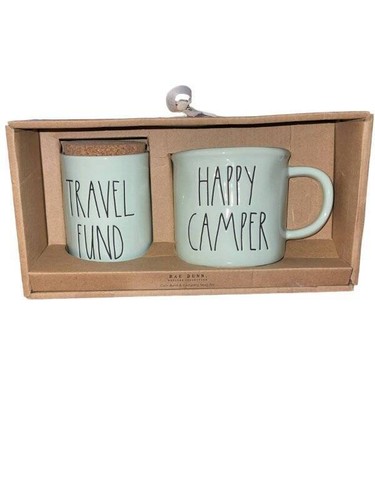 Rae Dunn Coin Bank Camping Mug Set Travel Fund Happy Camper Green Artisan