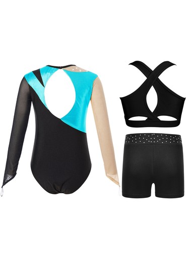Kids Girls Dancewear Contrast Color Bodysuit Metallic Outfit Gym Dance Shiny - Picture 50 of 80