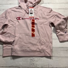 New Champion Logo Womens Pink Fleece-Lined Long Sleeves Pullover Hoodie Size Med