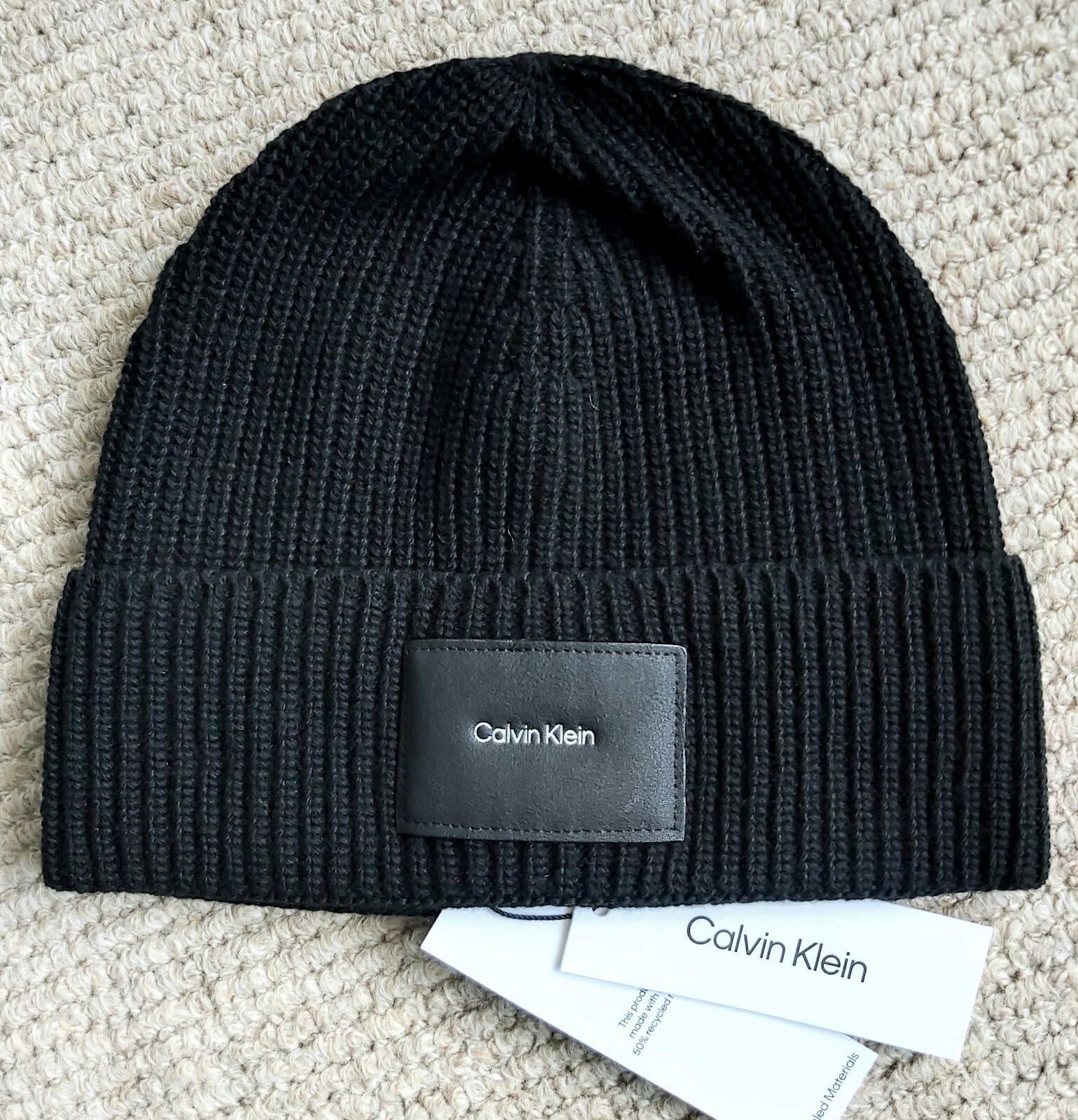 CALVIN KLEIN Black Patch Logo WOOL & CASHMERE  BEANIE Toque Hat MADE ITALY