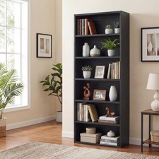 Black Tall Bookshelf with Adjustable Shelf 6 Tier Display Storage Shelves