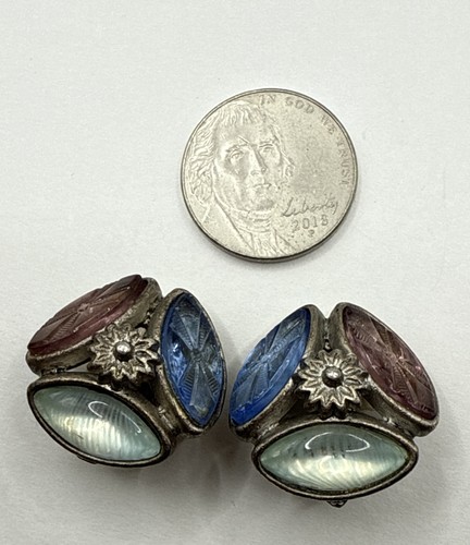 Vintage Kate Hines Clip-on Earrings Tri-Color Red Blue Teal Glass Signed - Picture 6 of 6