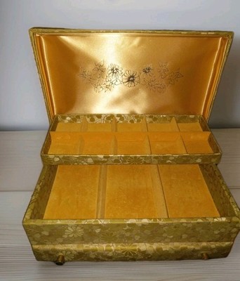 Vintage 1960's LADY BUXTON Mid Century 2 Tier Jewelry Box w/ Drawer Gold Velvet