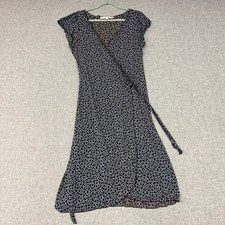 Studio M Wrap Dress Medium Blue Brown Floral Cap Sleeve V-Neck Midi 6M04S52