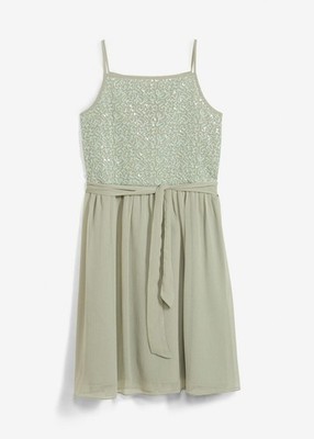 Chiffonkleid mit Pailletten Gr. 170 Seegras Mädchen Minikleid Party-Kleid Neu*