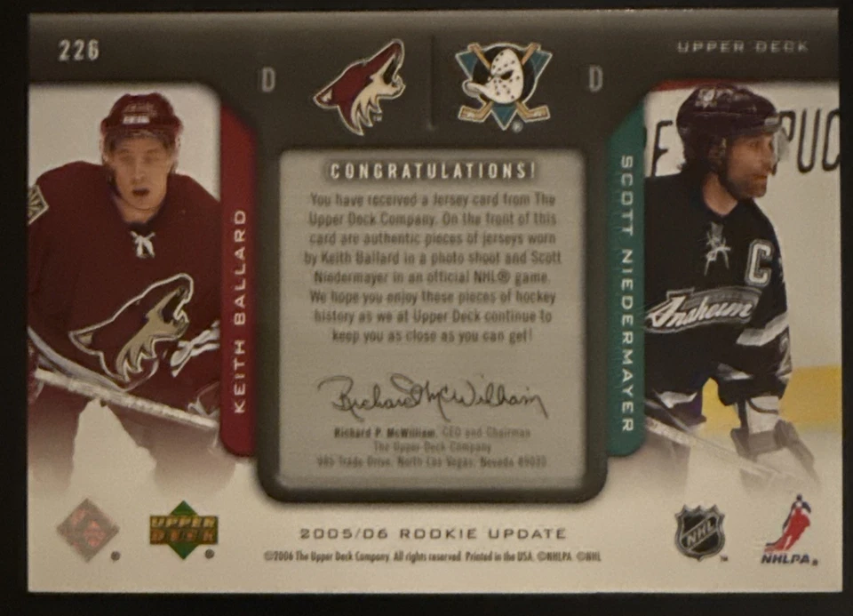 2005/06 Rookie Update Upper Deck Keith Ballard/Scott Niedermeyer Dual Patch Card - Image 2 of 3