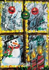 ACEO Original PAINTING Christmas CANDLES Window Winter Snow Snowman ATC ART
