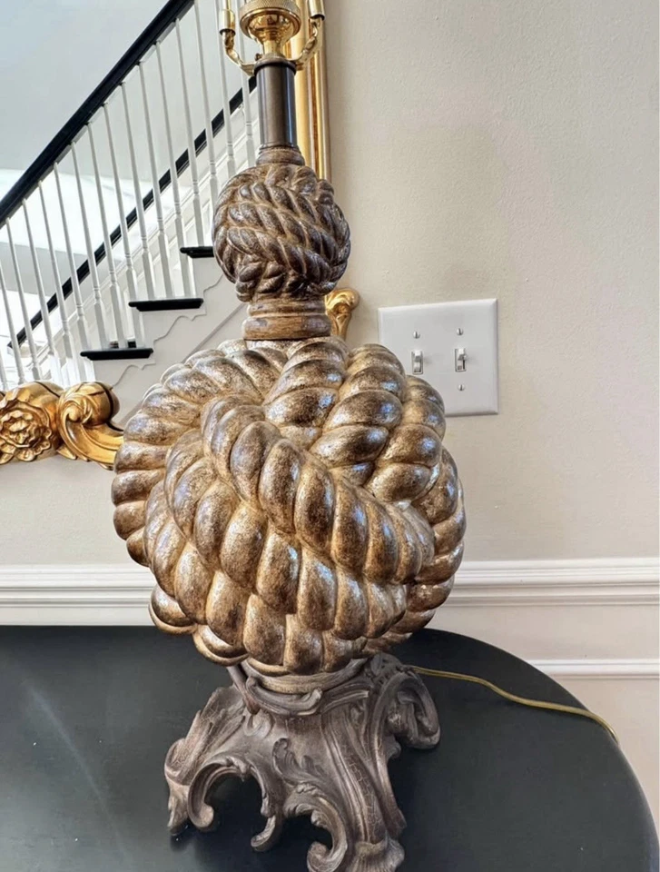 Vintage Rope Knot Table Lamp – 35” Tall Bronze Gold Statement Lamp - Image 4 of 4