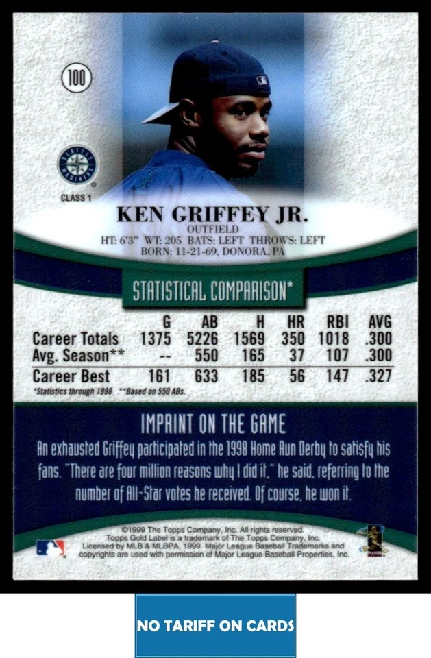 1999 Topps Gold Label Ken Griffey Jr. Seattle Mariners #100 - Image 2 of 2
