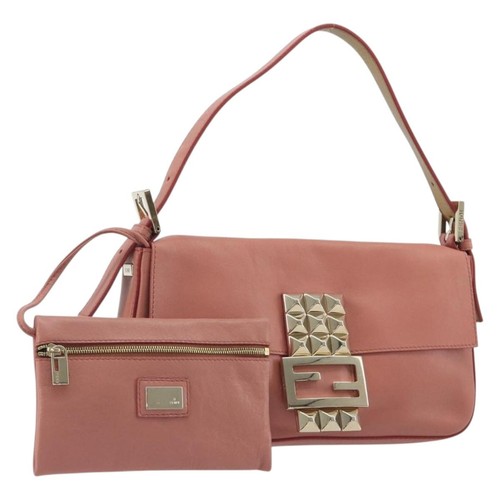 FENDI Studs Mamma Baguette Shoulder Bag Leather Pink Gold Tone Auth yk20664SAM