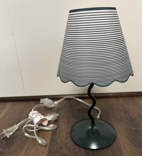 Green White Striped Scalloped Shade Squiggle Stem Base Table Lamp Small 12”