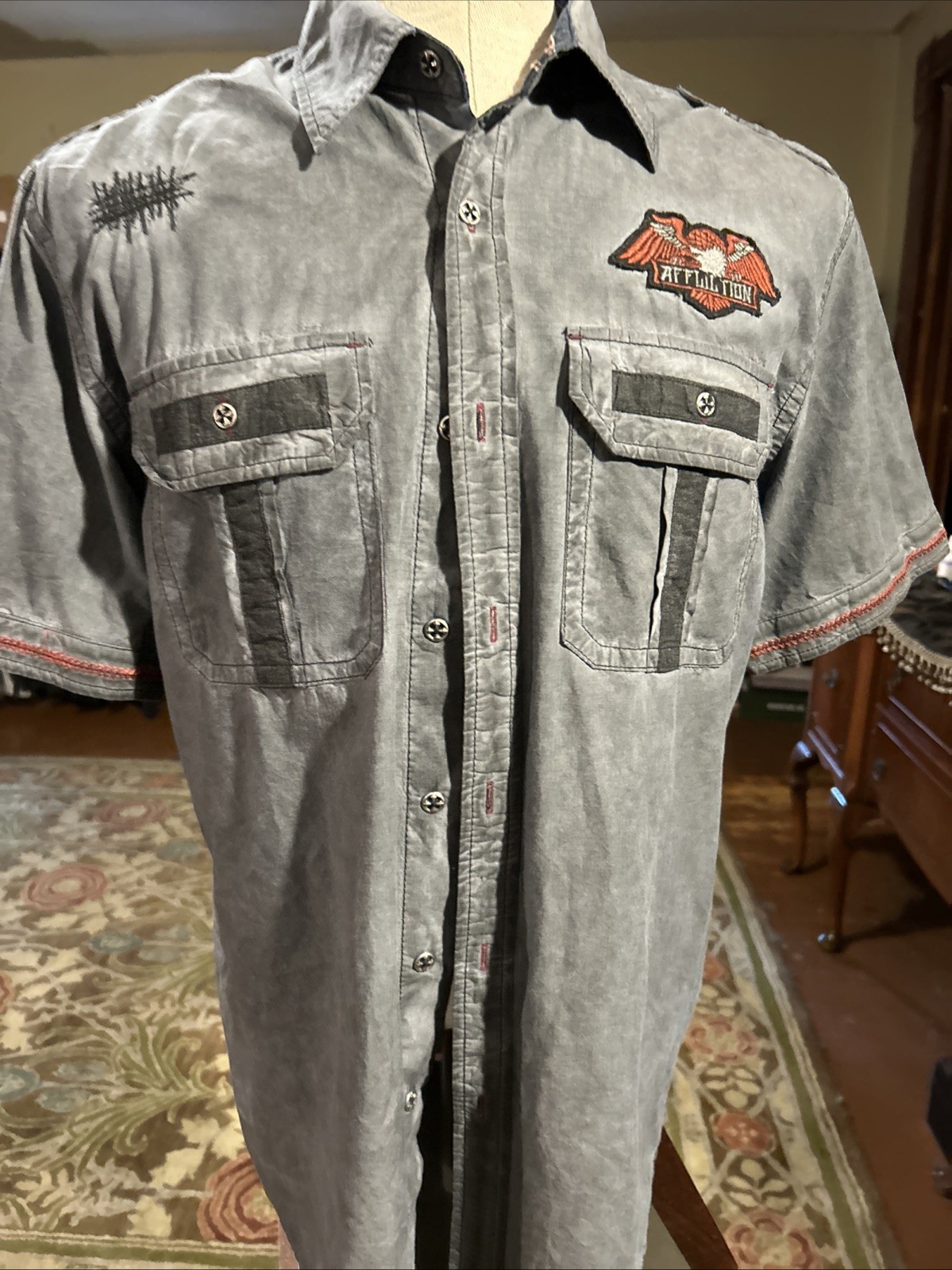 Affliction Black Premium Speed Shop Button Up Shirt XL Gray No Luck Chief ACMC