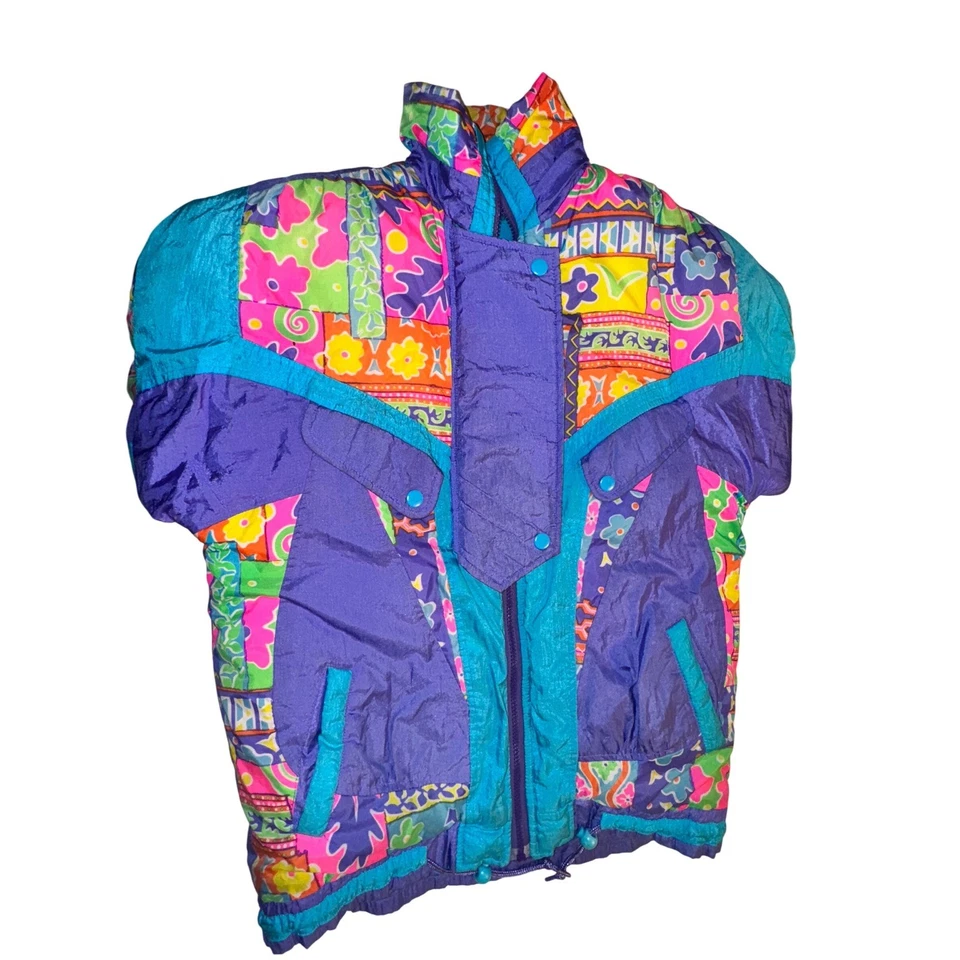 Chaqueta de esquí acolchada con estampado abstracto colorido vintage años 80 90 para mujer talla 14 Foto 3 de 4