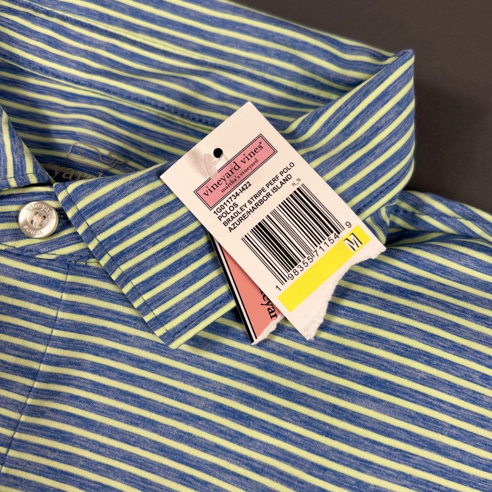 Vineyard Vines Golf Shirt Polo Bradley Striped Medium Blue Polyester Spandex NWT — 第 3/4 张图片