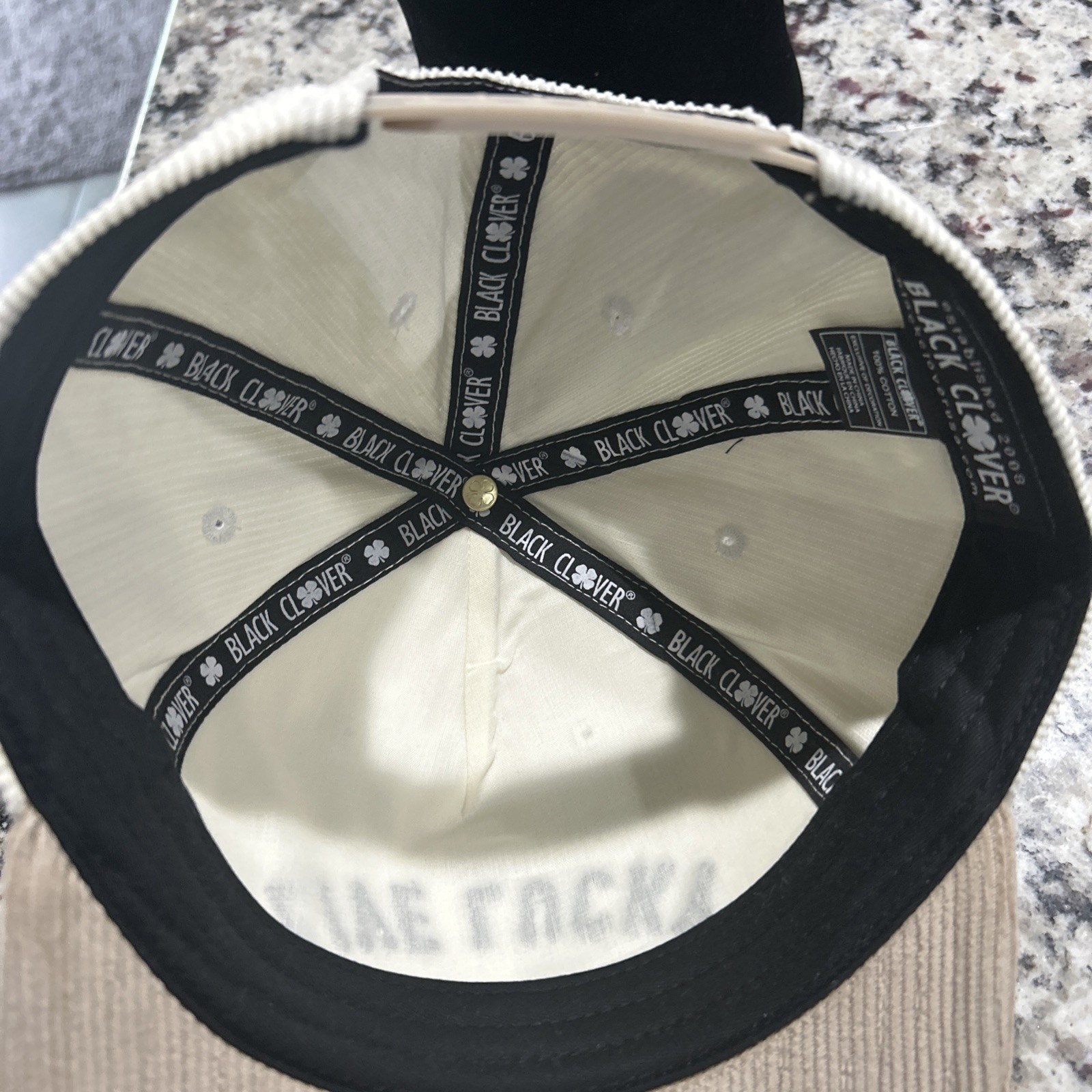 Black Clover Live Lucky "Upside Down Luck" Adjustable Golf Hat Off White Tan thumbnail 9