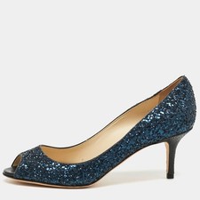 Jimmy Choo Romy Size 36 Blue Glitter Peep Toe Pumps