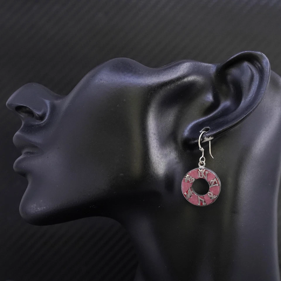 Mexican sterling silver 925 Tibetan Om Mani Padme Hum earrings red jasper Foto 3 de 4