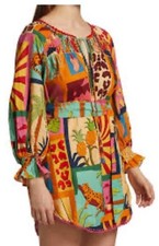 Farm Rio Tropical Jungle Vibrant Collage Linen Blend Tunic Dress Small belted
