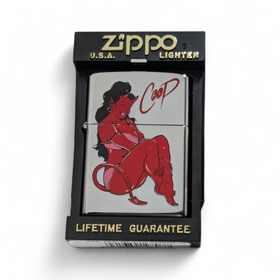 #ad 1996 Zippo Lighter Pink Top Coop Pin Up New Unfired Red Devil Girl Woman Sealed $164.20