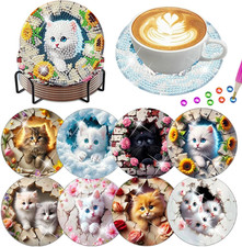 8 Pcs Diamond Art Coasters Kits for Adults with Holder Cork Pads, Cat Diamond Pa