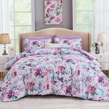 Floral Comforter Set Queen Size 7 Pieces Bed in a Bag, Purple Flower Watercol...
