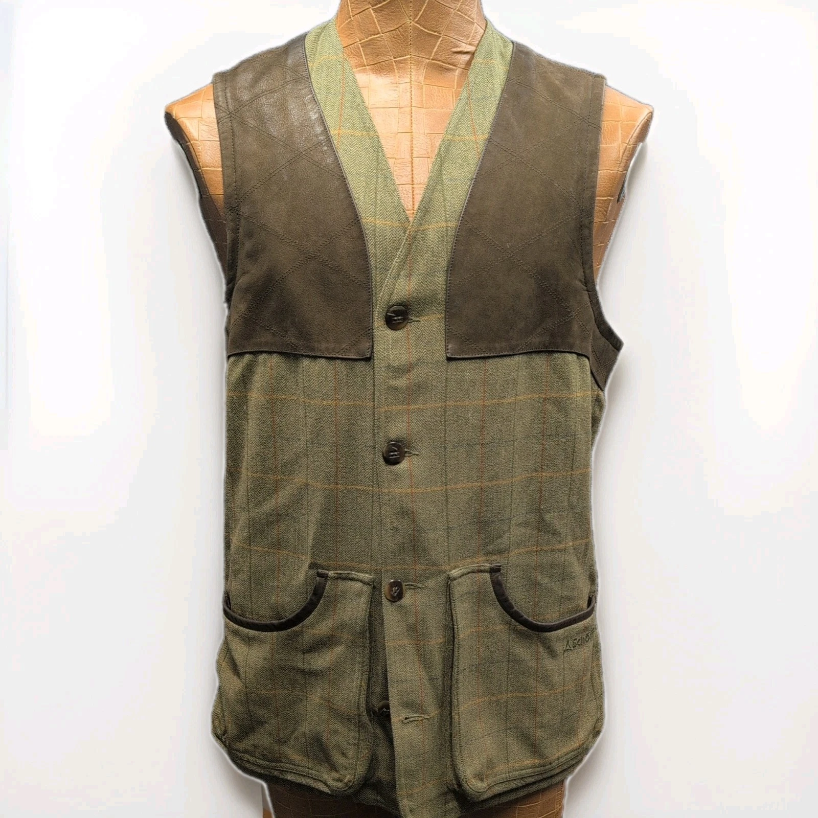 Schoffel Green Lovat Plaid UK38 Herringbone Tweed Shooting Hunting Waistcoat