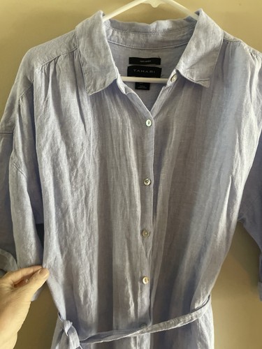 Tahari Dress Women Large Light Blue 100% Linen Pockets Shirt Button Belt Spring - Picture 6 of 8