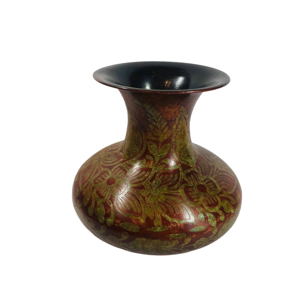 World Market Metal Green Copper Floral Vase 9.5" H - Made in India - Image 4 of 4