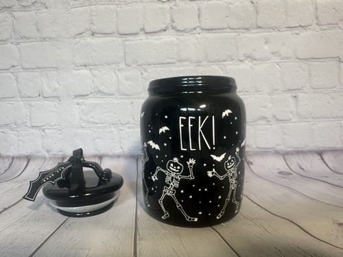 Rae Dunn Halloween Black Canister Dancing Skeletons EEK! Jar With Lid NEW - Picture 3 of 6