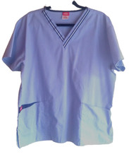 Dickies Scrub Top Size Large Solid Periwinkle Blue Striped V-neck Two Pocket