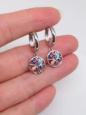 925 Sterling Silver Multicolor Dangle Evil Eye Huggie Hoop Earrings 25mm / 12mm
