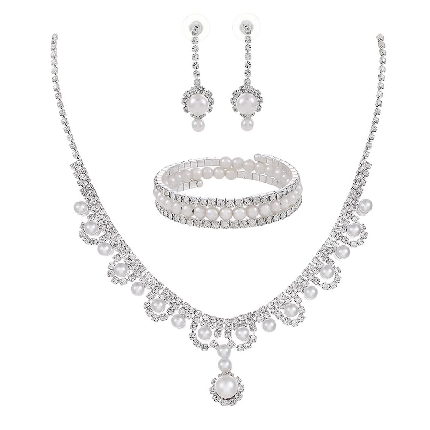 Urieo 3 PCS Pearl Bridal Jewelry Set Silver Rhinestone Necklace Drop Earrings...