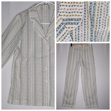Vintage Pajamas Women Medium Ditsy Floral Stripe Button Collar Long Sleeve