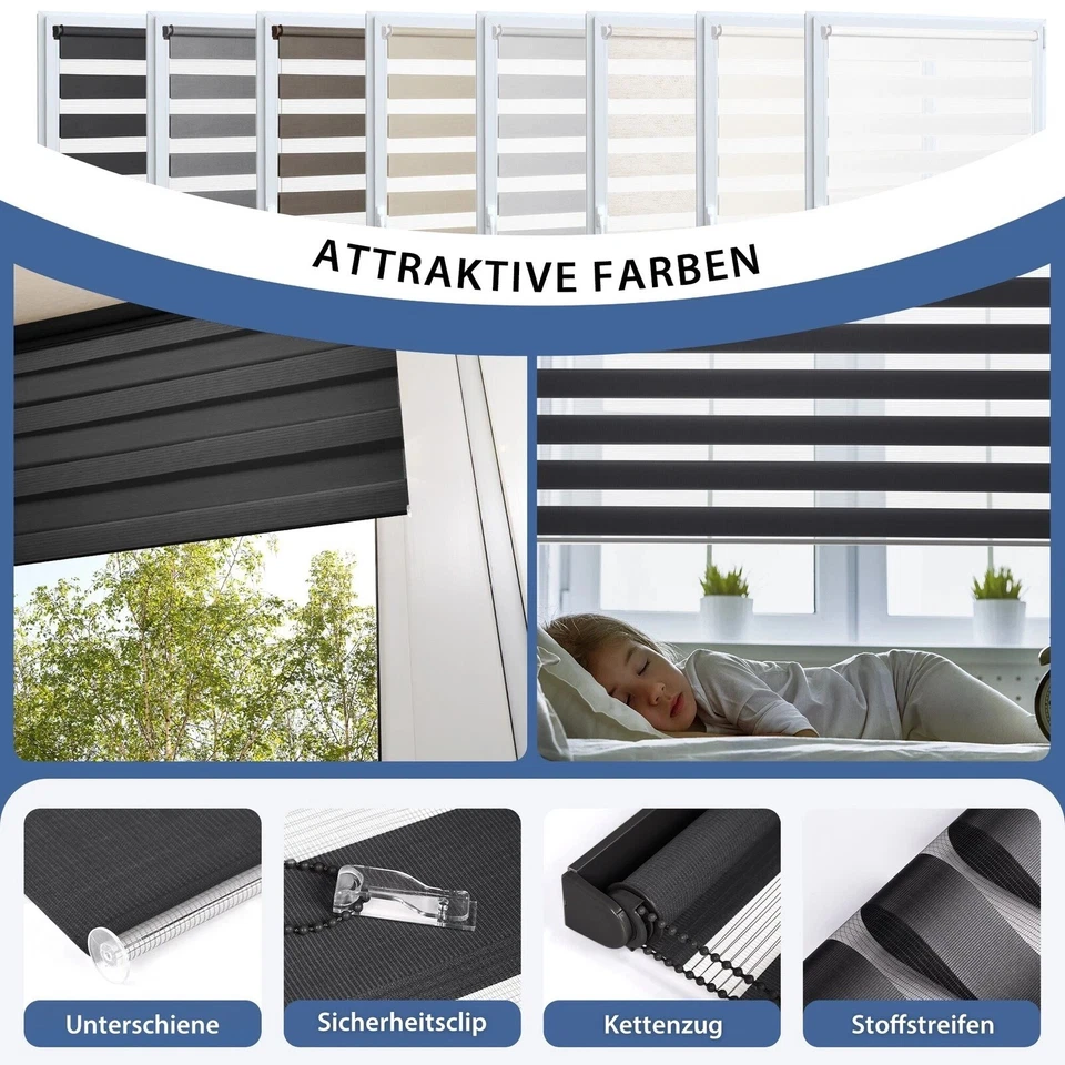Doppelrollo Duo Klemmfix ohne Bohren Fensterrollo Zebrarollo Duorollo Schwarz - Bild 3 von 4