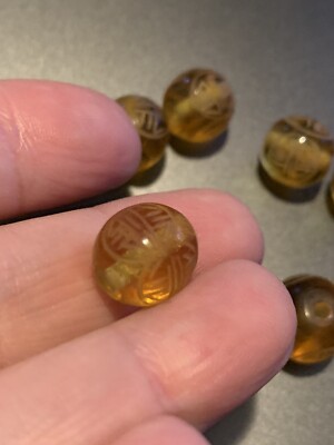 One Vintage Chinese Yellow Peking Glass Bead Carved Longevity Shou Design 11mm