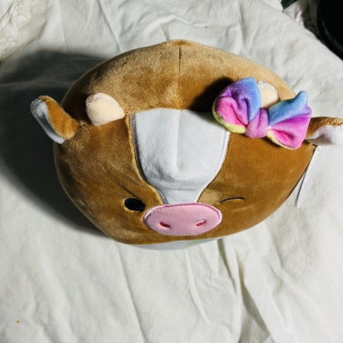Peluche pastello mucca maculata marrone Squishmallow 7,5" Griella 2022 etichetta fiocco ammiccante - Foto 2 di 6