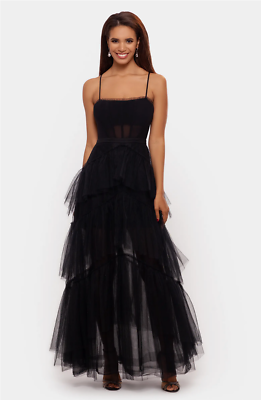 Betsy & Adam Black Ruffle Off the Shoulder Tiered Ballgown 8 | eBay display picture 1
