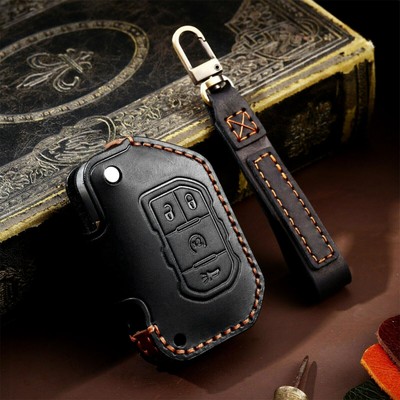 Leather Flip Key Case Cover Holder For Jeep Wrangler JL JT Gladiator Remote
